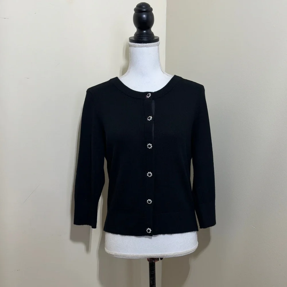 Kate Spade New York Black Wool Blend Cardigan Sweater Rhinestone Flower Buttons